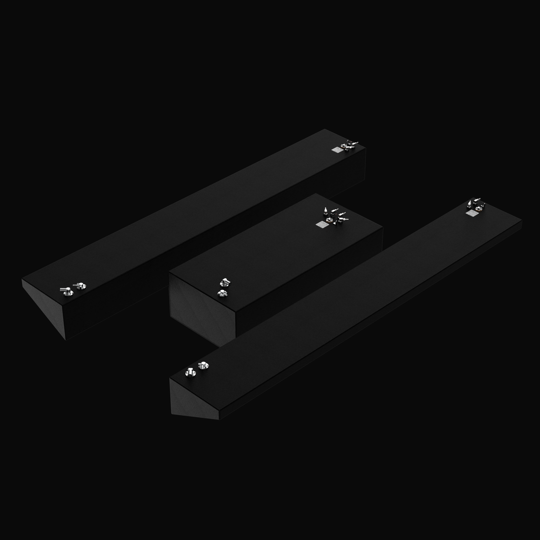 High-angle technical render of a complete Yellowfin 42 OEM replacement fuel system featuring a high-durability black Coal Tar Epoxy finish. The set includes the 250-gallon center tank and dual 163-gallon port and starboard wing tanks, all engineered from heavy-duty .190" marine-grade aluminum. Precision-placed top-mounted 316 stainless steel pickup tubes and EPA-compliant fittings ensure a guaranteed drop-in fit for the 2013 flagship hull.