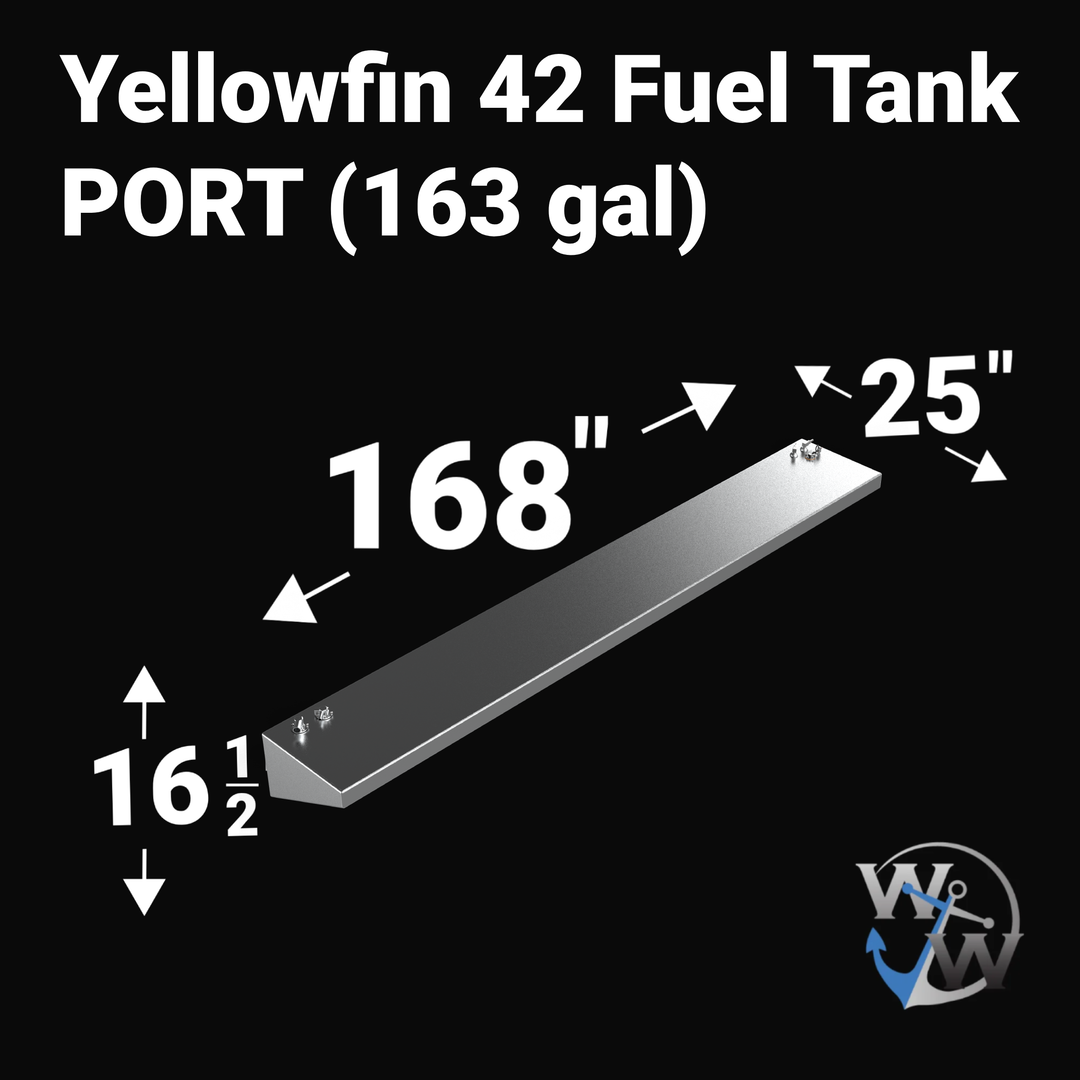 Dimensional technical drawing for a Yellowfin 42 Port or Starboard (wing) replacement fuel tank with a 163-gallon capacity. The diagram illustrates precise OEM dimensions including a 168" length, 25" width, and 16 1/4" height with a tapered hull-matching profile. Manufactured from .190" marine-grade aluminum, this tank is engineered for a 100% guaranteed drop-in fit for the 2013 flagship model.