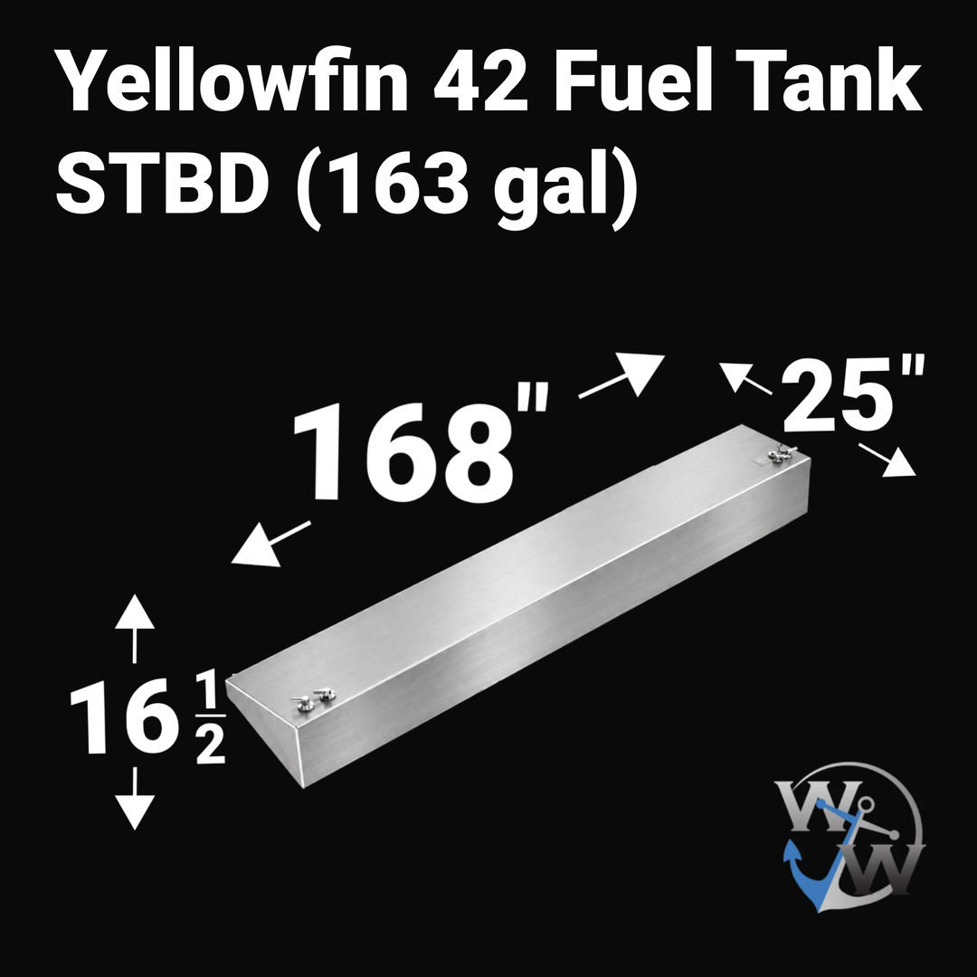 Dimensional technical drawing for a Yellowfin 42 Starboard (STBD) replacement fuel tank with a 163-gallon capacity. The graphic shows exact measurements of 168" length, 25" width, and 16 1/2" height. This heavy-duty marine aluminum wing tank features a tapered bottom to match the Yellowfin 42 hull and includes high-quality 316 stainless steel fittings.