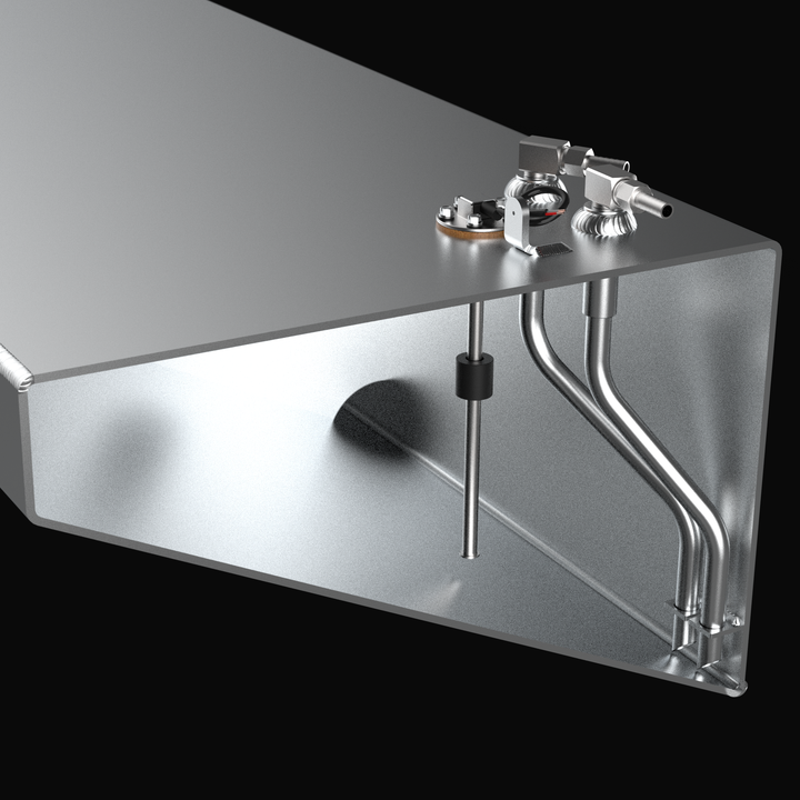 Internal cross-section render of a Yellowfin 42 port/starboard wing replacement fuel tank showing the precision-bent 316 stainless steel pickup tubes. The image highlights the tapered hull-matching profile of the .190" aluminum tank, featuring an integrated KUS fuel level sender and heavy-duty internal baffles with circular flow-through ports designed for high-performance offshore stability.