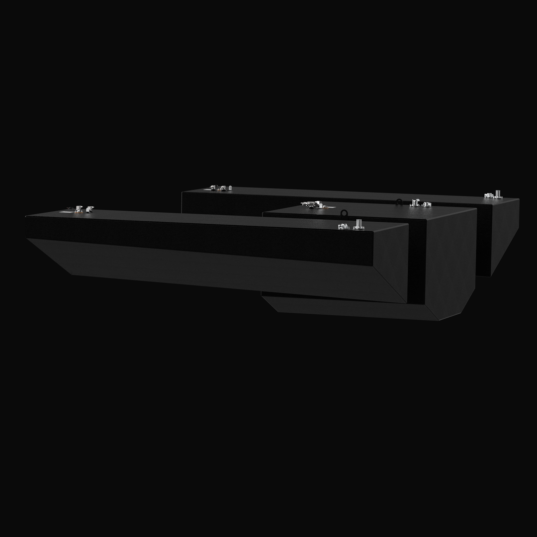 Front-profile 3D rendering of the 3-piece fuel tank kit for a Yellowfin 54, illustrating the mirrored wedge-style port and starboard saddle tanks and the tapered center tank profile for a precise factory-fit installation.