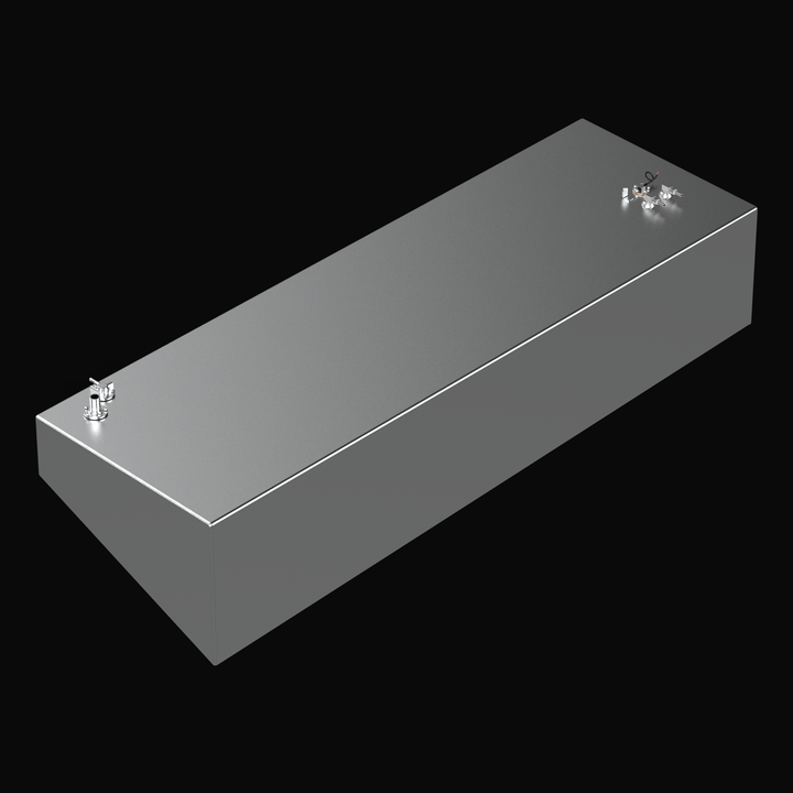 3D rendering of the starboard (STBD) saddle fuel tank for a Yellowfin 54 in unpainted mill-finish aluminum, showing the tapered wedge-hull profile and precise weld joints for OEM replacement.