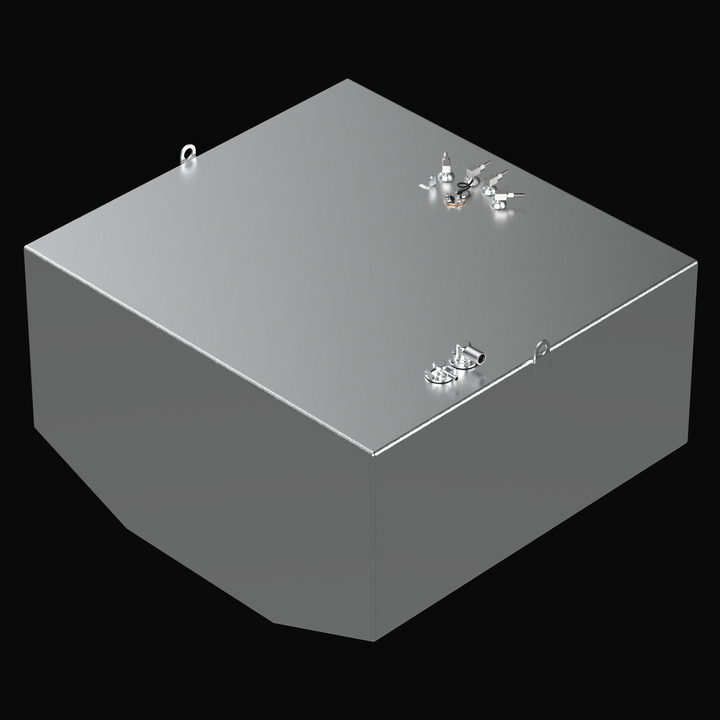 3D rendering of the center fuel tank for a Yellowfin 54 in unpainted mill-finish aluminum, showing the primary dimensions, fuel pickups, sending unit locations, and clean welded seams.