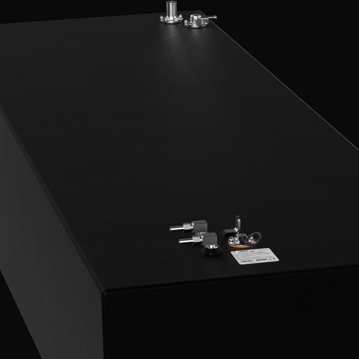High-angle 3D rendering of the 3-piece OEM replacement fuel tank kit for a Yellowfin 54, featuring the center tank and two saddle tanks with pre-installed rigging hardware and a coal-tar epoxy finish.