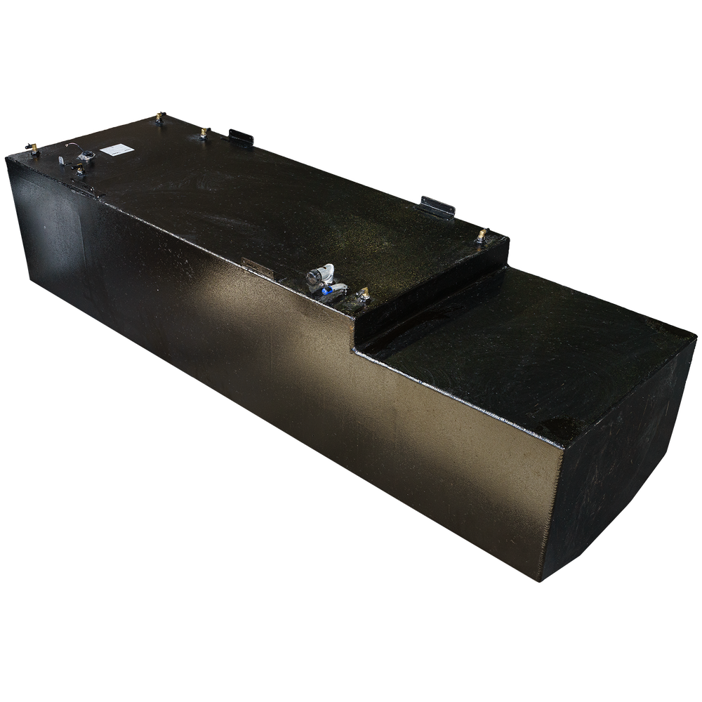 An angled view of a black metal OEM replacement belly fuel tank for a 1984 Blackfin 32' Diesel, with a capacity of 308 gallons. The tank features fittings and a stepped top surface, set against a transparent checkered background