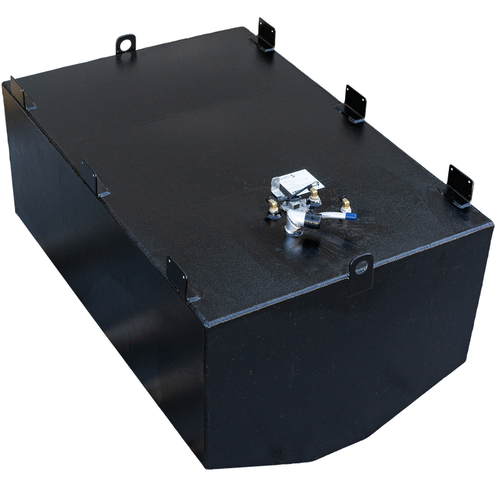 Wellcraft Coastal 270 (188 gal. gross) 2000 ~ 2006 OEM Replacement Fuel Tank. The image shows a dark, rectangular fuel tank with an angled bottom, against a black and grey checkered background. Various fittings and pipes are visible on the top surface, along with black L-shaped brackets and D-rings
