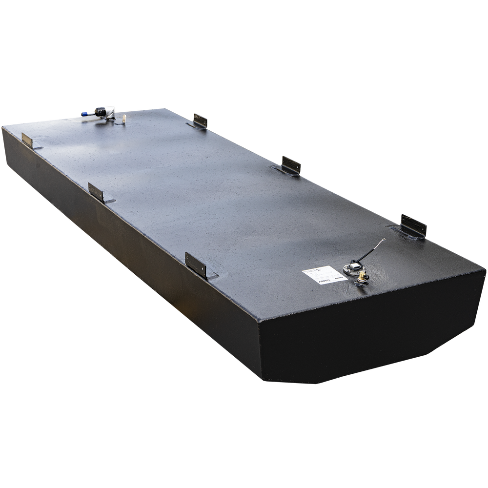 A black, rectangular, Built to OEM Specs belly fuel tank with a textured surface, designed for an Angler 220 2005 and holding 114 gallons net. The tank has several L-shaped mounting brackets along its top edges, and various metal fittings on top, including a white and blue hose connection, two small golden posts, a circular gauge with wires and a white label, and a U-shaped bracket