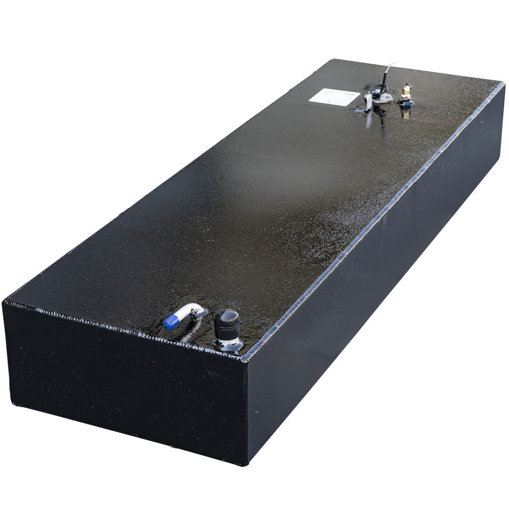 A black, rectangular, OEM replacement belly fuel tank with a textured surface, designed for a Back Country 201 Proguide and holding 46 gallons net. The tank has various metal fittings on its top, including a white hose with a blue cap, a black cap, a small golden post, and a circular gauge with wires and a white label