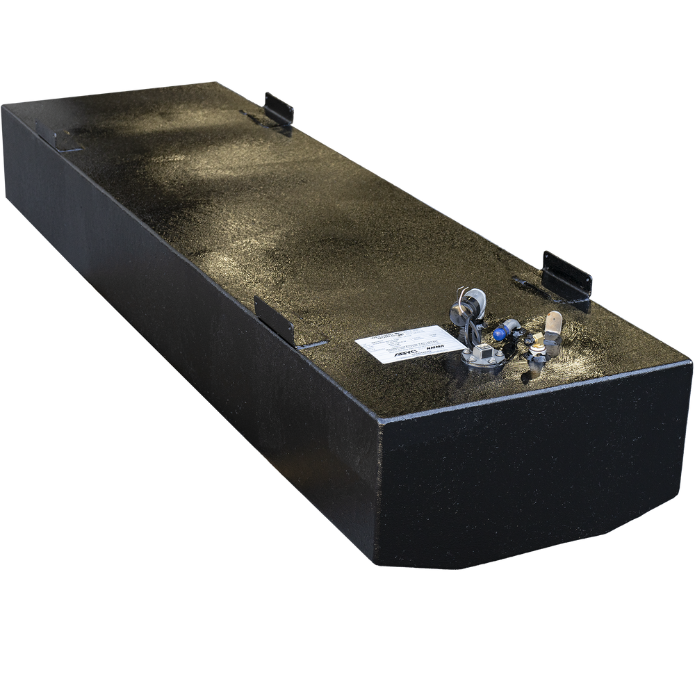Actual photo of a black OEM replacement fuel tank for a 2000 Grady-White 204 Fisherman boat with a 75.8-gallon net capacity. The tank features a textured anti-corrosion coating, welded mounting tabs, and pre-installed fittings including fuel pickup, sender unit, and wiring components. A manufacturer label is visible on the top surface